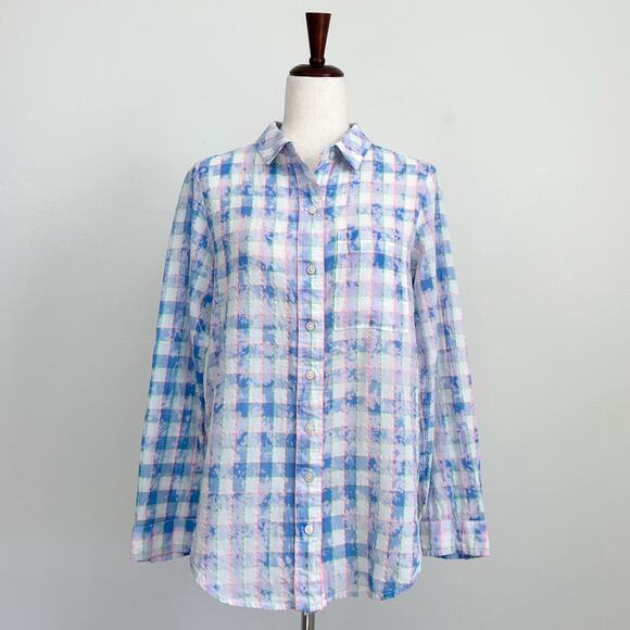 Anthropologie Pilcro Tie-Dye Blue Check Button-Up Shirt - Picture 1 of 8